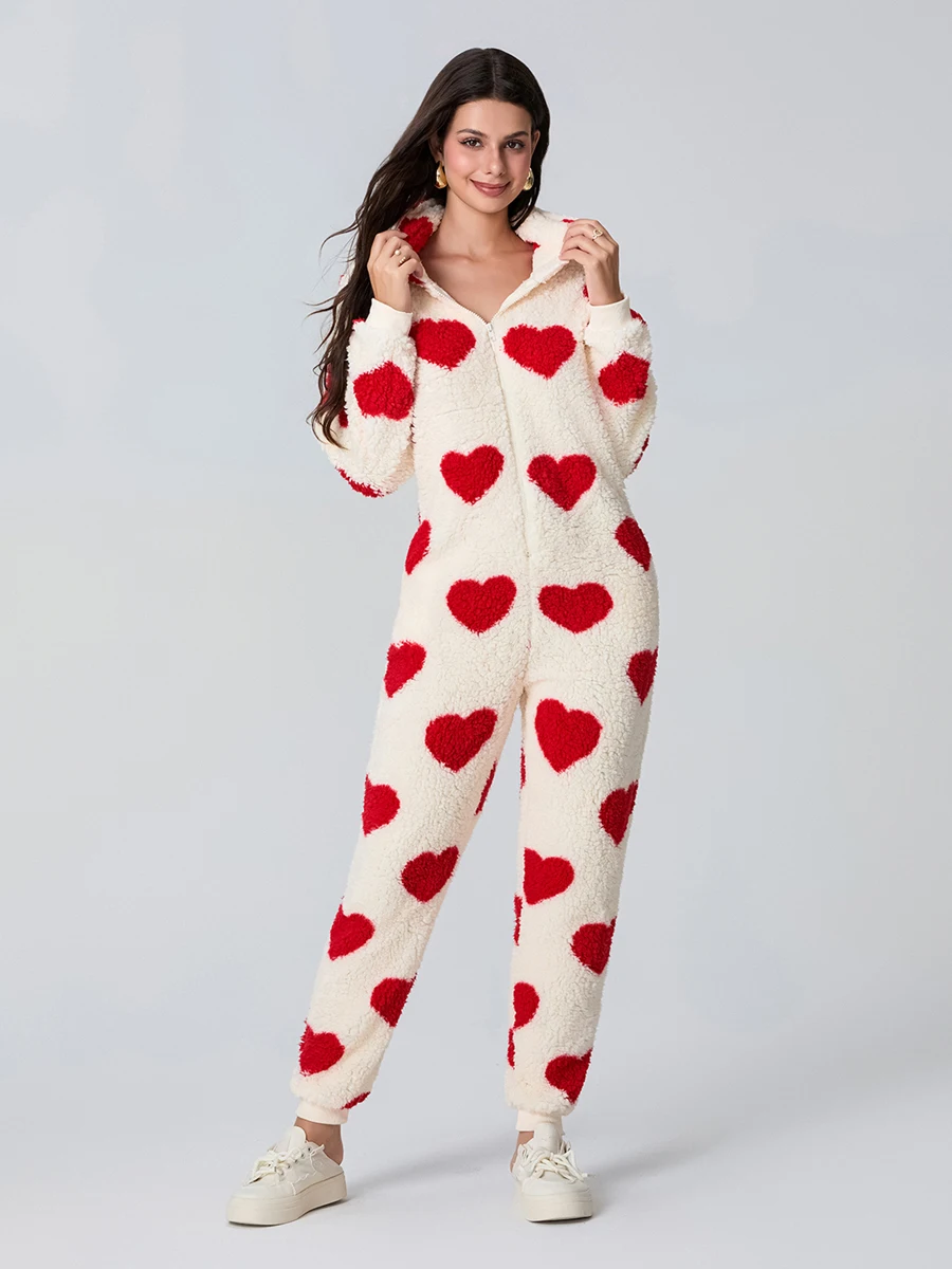 Winter New Women'S Christmas Plush Jumpsuit Pajamas Cute Heart-Shaped Printed Long Sleeved Plush Jumpsuit Hooded Pajamas