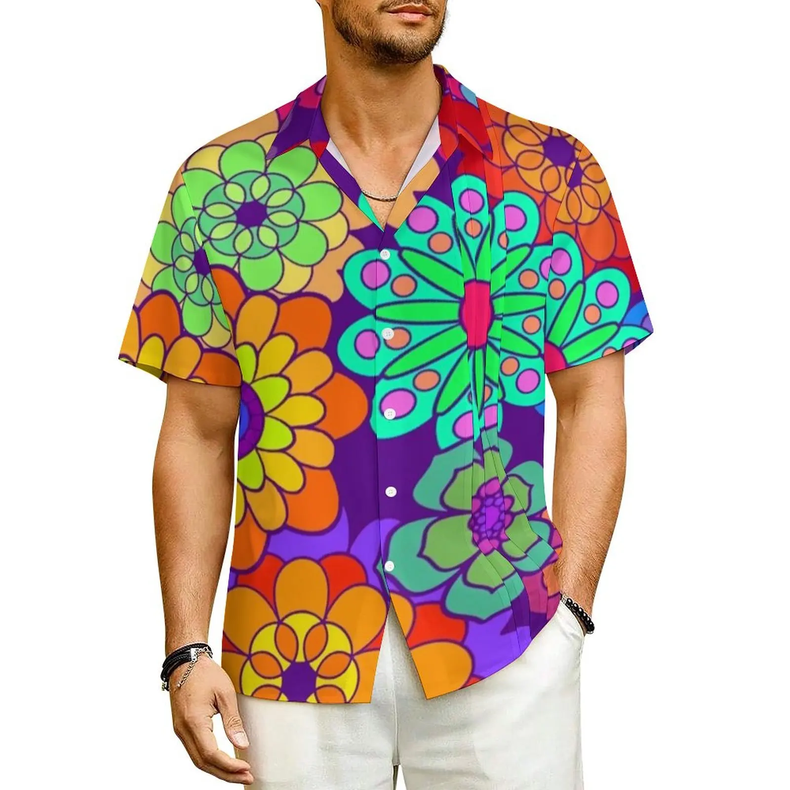 

Retro Psychedelic Vacation Shirt Hippy Flowers Print Summer Casual Shirts Male Vintage Blouses Short Sleeve Fashion Graphic Tops