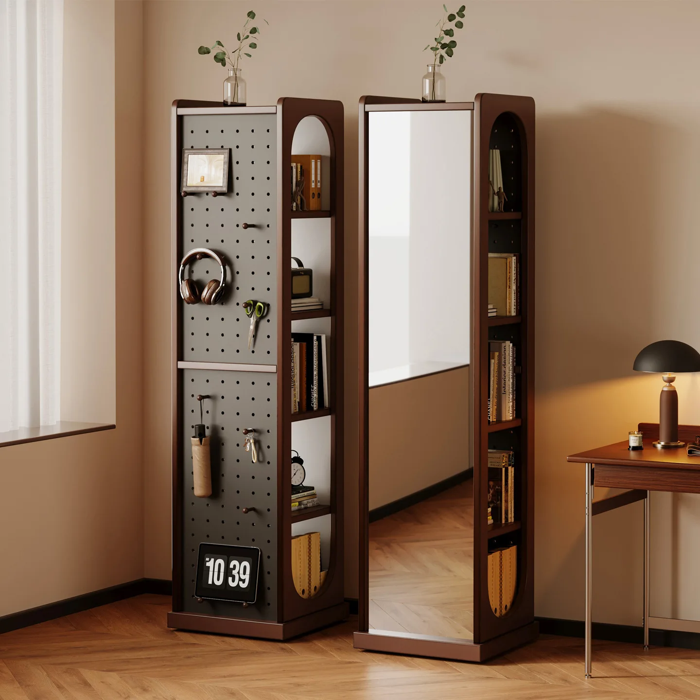 3-in-1 rotating wardrobe mirror integrated bookshelf floor shelf household hole board finishing storage
