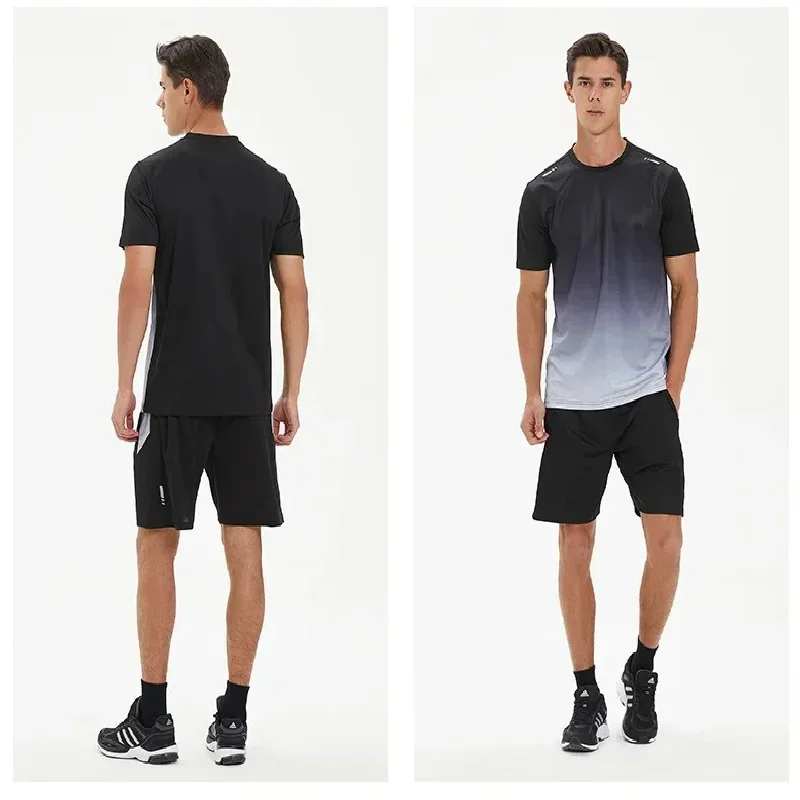 2025 Estate Nuovo Abbigliamento Fitness Seta del Ghiaccio Asciugatura Velocità T-shirt Set Manica Corta da Uomo Abbigliamento Sportivo da Corsa Palestra Set di Allenamento