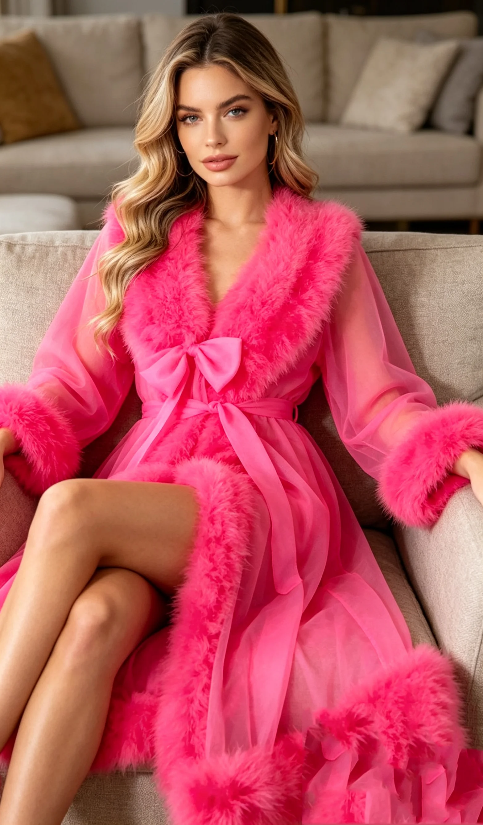 

Pink Fur Bow Woman Prom Dress For Photoshoot Sexy V Neck Full Sleeves Bridal Morning Robes Night Gown Sleepwear Customized