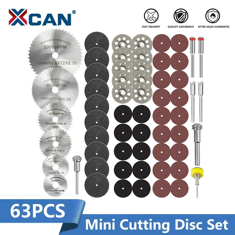XCAN 63-teiliges Mini-Trennscheiben-Set, HSS-Kreissägeblatt, Harz-Trennscheiben, Diamant-Trennscheiben für Dremel-Rotationswerkzeug