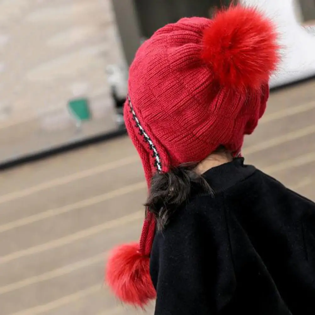 Cute Baby Beanie with Faux Fur Balls Warm Baby Beanie Thicken Warm Kids Beanie Hat with Three Pompom Big Hairball for Boys Girls