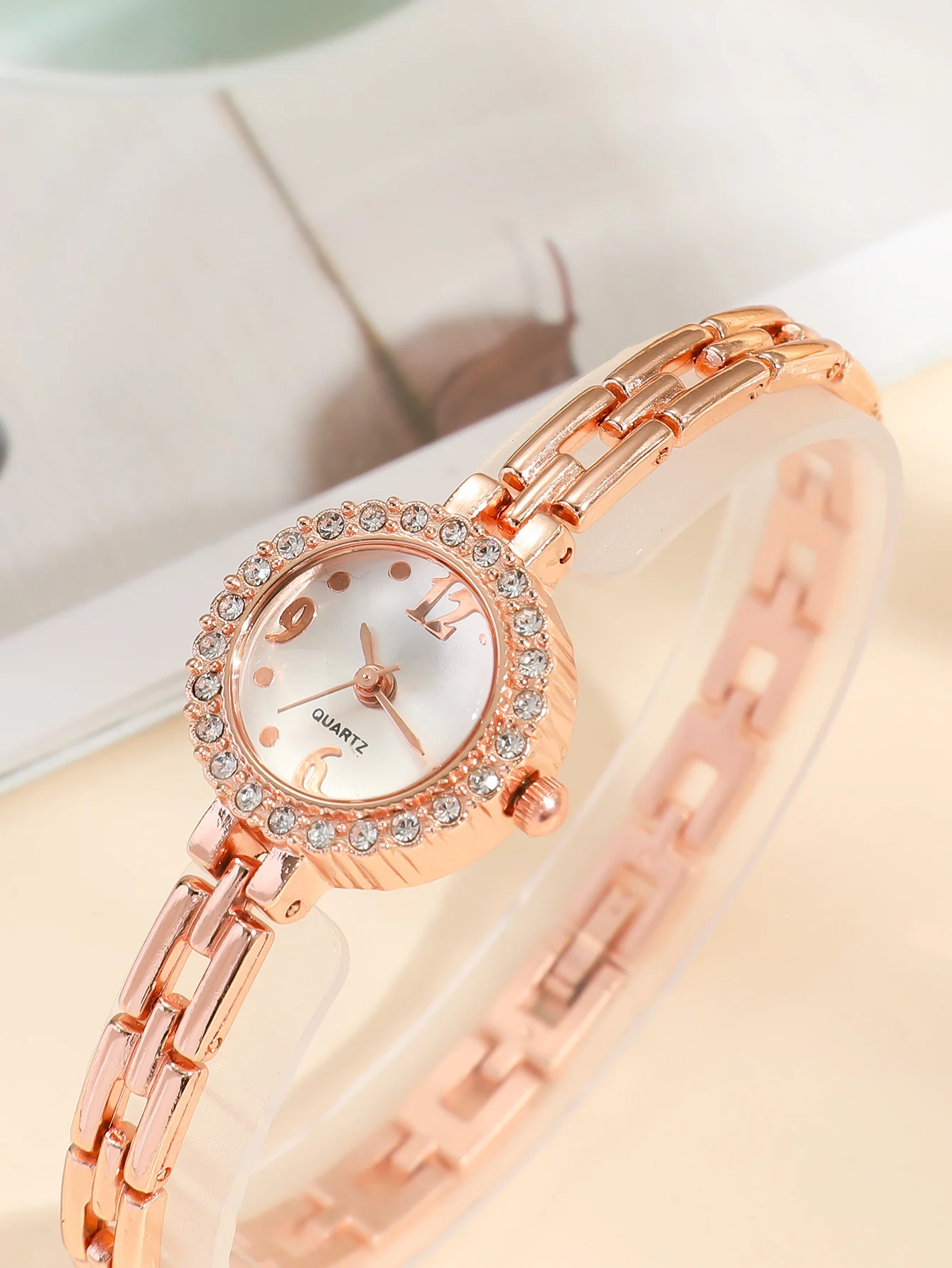 A Classic Stylish Minimalist Women\'s Bracelet Quartz Watch With Small Fresh Case With Rhinestones. For Everyday Life