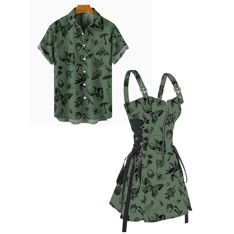 

Dressfo Череп Бабочка Гриб Растение Принт Зашнуровать Полумолния Пряжка Ремень Мини-Платье И Рубашка С Коротким Рукавом Одинаковый Наряд