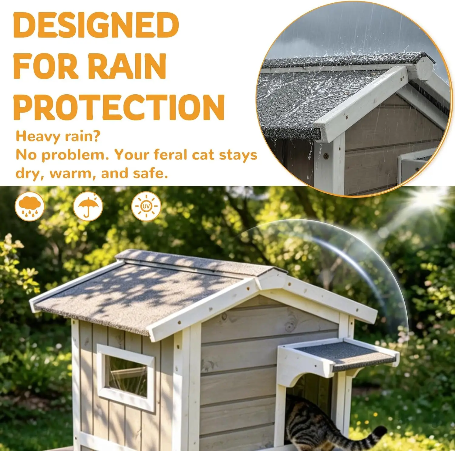 Weatherproof Outdoor Cat House, Cat Shelter with Feeding Station