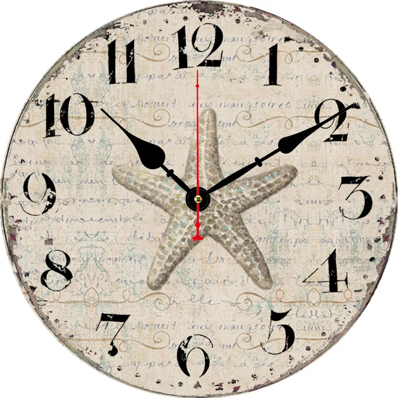 Reloj de pared redondo de estrella de mar de estilo náutico Vintage, sala de estar, dormitorio, cocina, decoración del hogar, reloj de pared, reloj de cuarzo silencioso