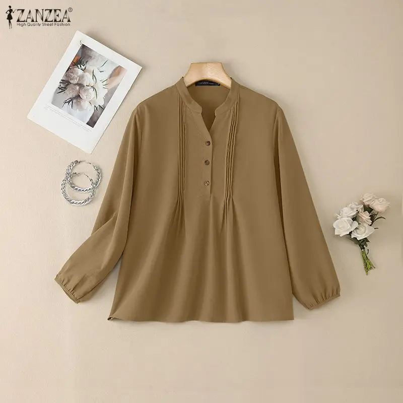 

Fashion Long Sleeve Women Blouses Female Pleated Tops ZANZEA A-line Blusas Streetwear Solid Color OL Work Party Tee Oversize