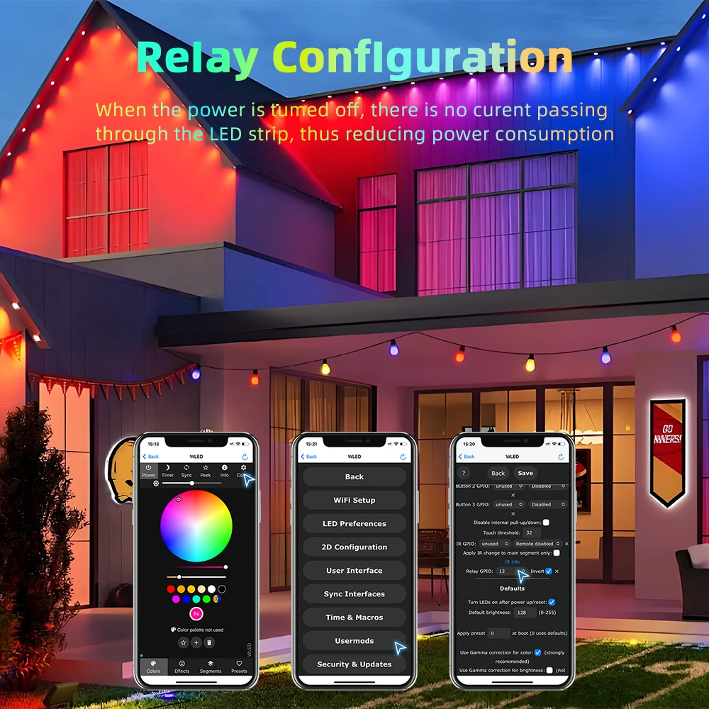 DOMRAEM ESP32 WLED Addressable 2CH LED Controller 20A Fuse Built-in Relay Mic WS281X SK6812 Music Sync IP65 Waterproof Alexa HA