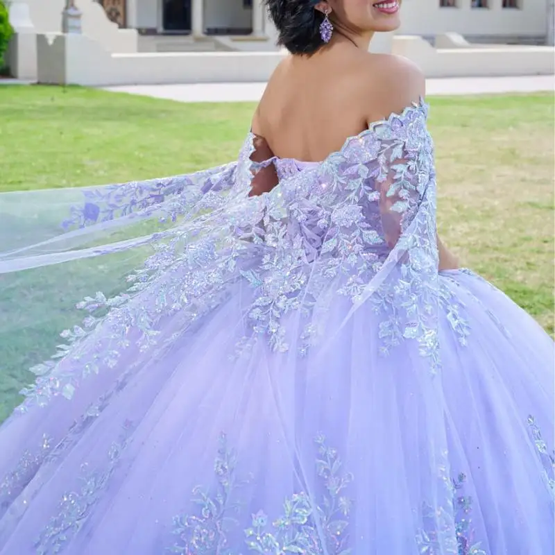 

Customized Mexican Quinceanera Dress 3D Flower Off Shoulder Appliques Formal Ball Gowns With Cape Corset Vestidos De XV Anos