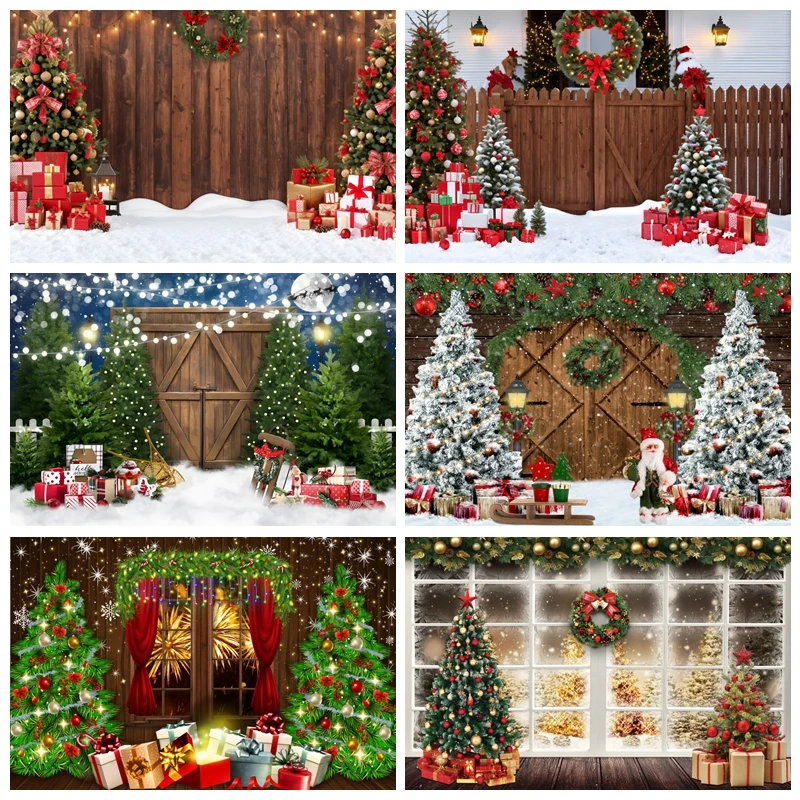 Christmas Backdrop for Photography Xmas Tree Wood Barn Door Wreath Gift Snow Winter Family Party Background Photo Studio Props