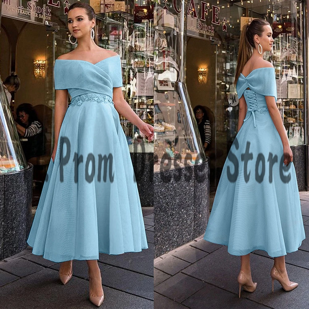 

YL Simple A-Line Off Shoulder Homecoming Dresses Tea-Length Blue Tulle Lace-Up Graduation Gowns Girl Short Pleated Prom Dress