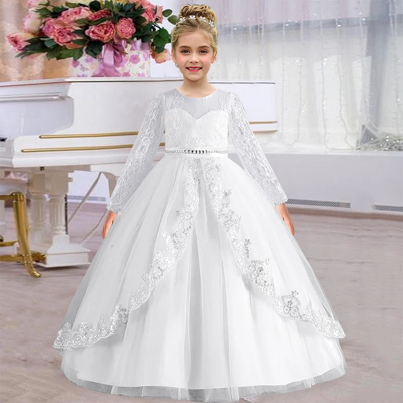 Girls\' New Long Sleeve Sequin Lace Long Dress Birthday Graduation Party Girls\' Wedding Dress Prom Evening Dress 4-12 Years Old