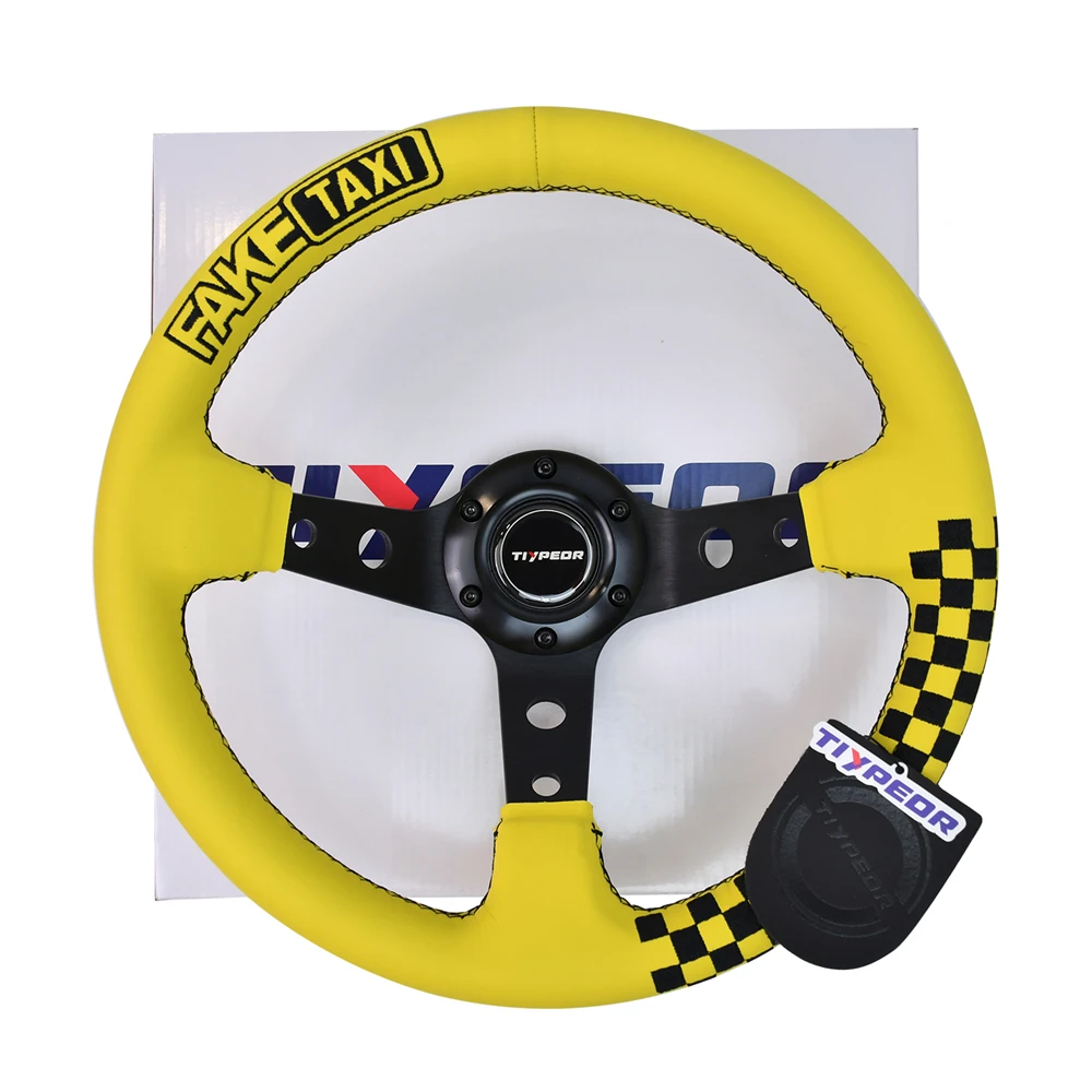 TIYPEOR 320 مللي متر عجلة توجيه سيارة من الجلد الأصفر عجلة توجيه عميقة مقعرة الانجراف سباق عجلة القيادة مع غرزة سوداء مطرزة #6