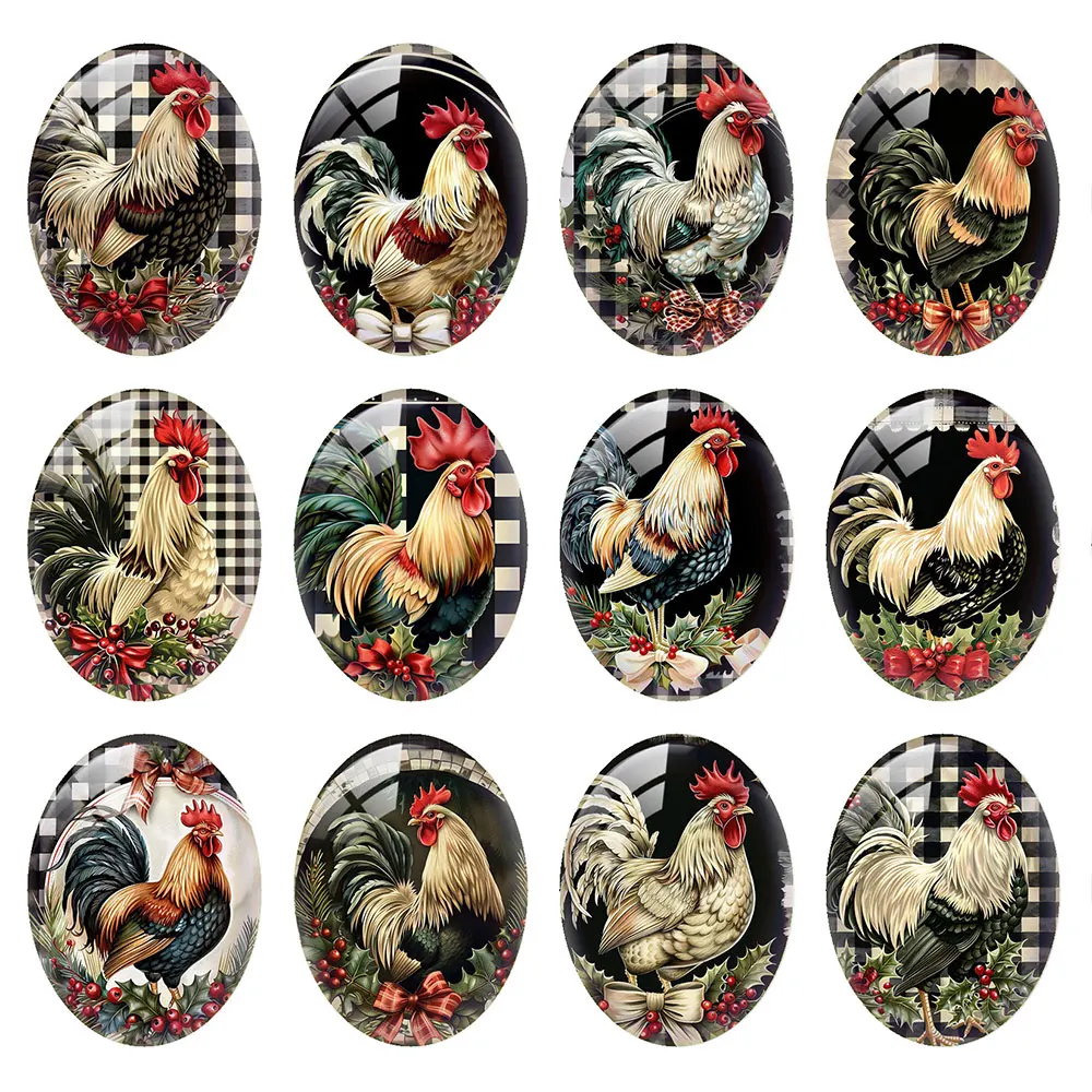 Random Mixed Round/Oval/Square Christmas Plaid Bow Rooster Photo Glass Cabochon Flatback Demo Cameo For Diy Jewelry Making