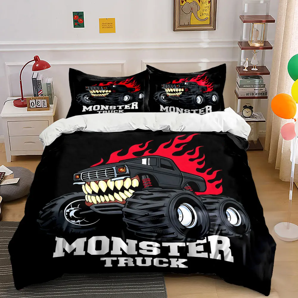 Fiery Monster Truck Design Bedding Set for Kids Luxury Gift 3pcs Digital Print Comforter Set Soft Comfortable Breathable