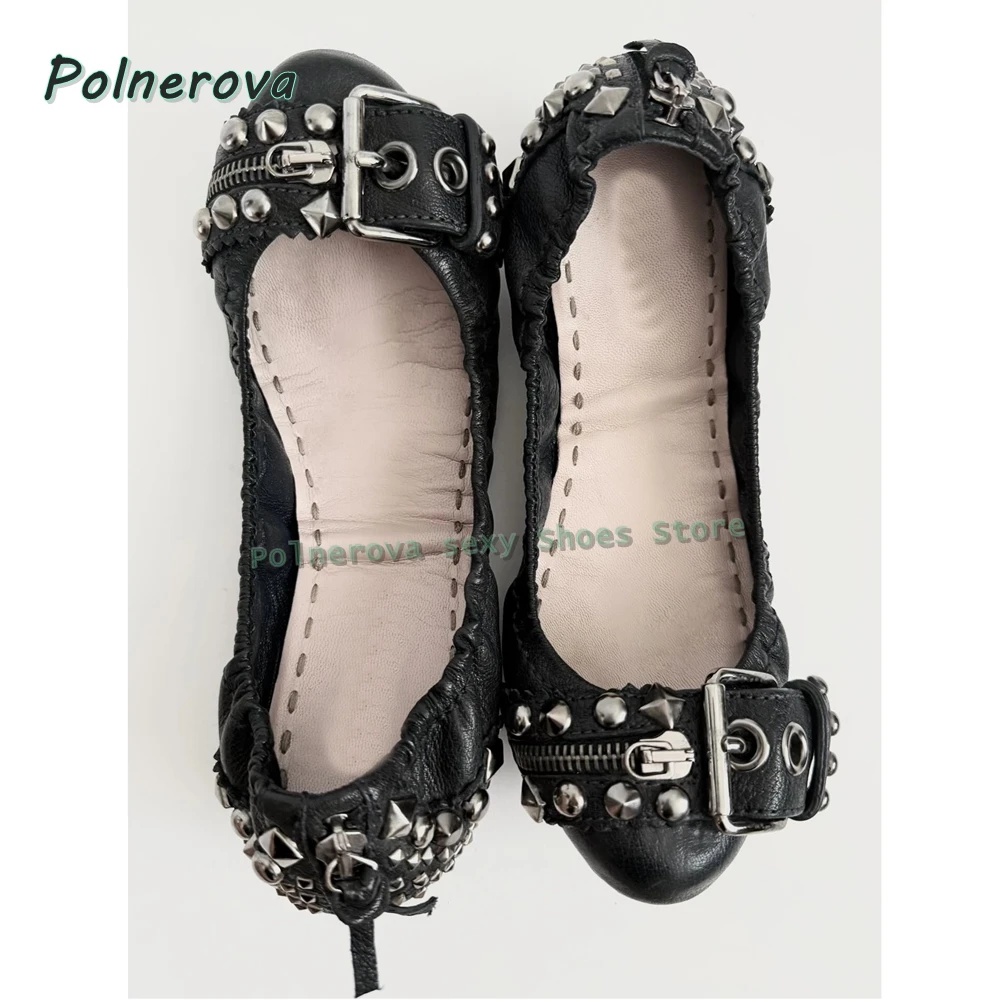 Sapatos Mary Jane com Fivela de Rebite e Bico Fino, Sapatilhas com Zíper Decorativo, Sapatos Femininos da Moda Primavera Verão 2026