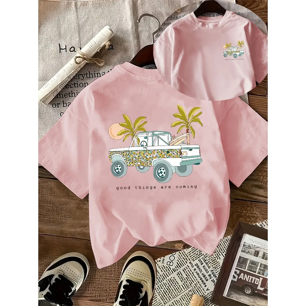 Summer Children's Round Neck T-shirt Loose and Comfortable Sporty and Fashionable Versatile Palm Tree Pattern Printed Top