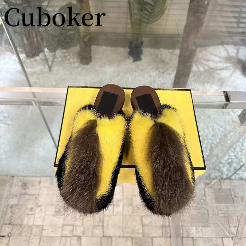 2023 Spring Autumn Designer Mink Hair Women\'s Slippers Half Wedge Slippers Thick Sole Chunky Heel Furry Mules Vacation Shoes