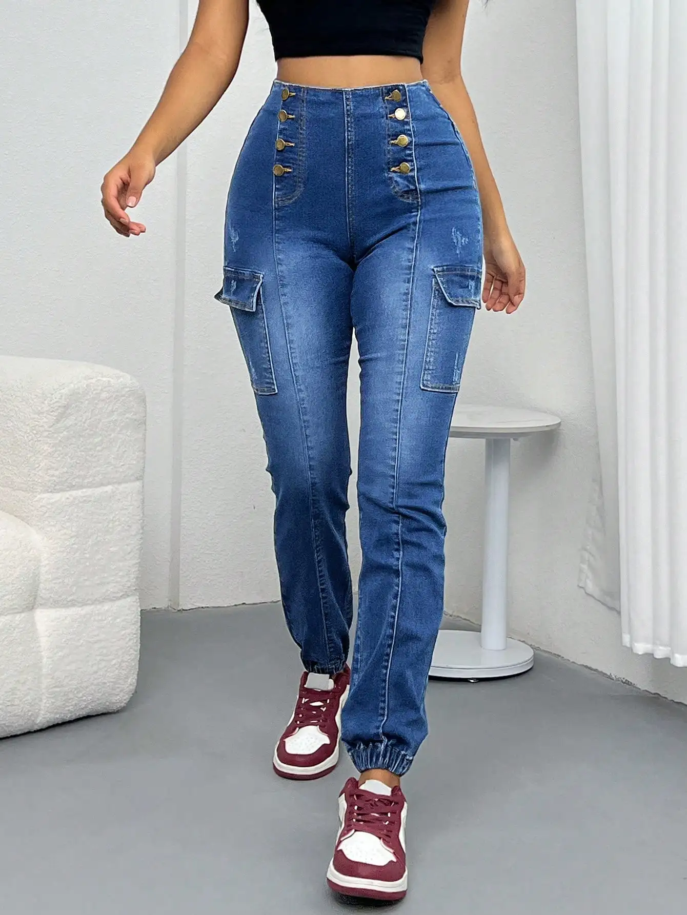 

2025 Trendy Bottoms Women's High Waisted Cargo Jeans, Button Decorated Pocket Design Denim Joggers