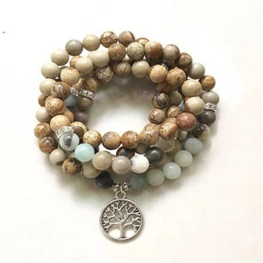 

6mm Amazoniteite Picture stone Gemstone 108 Beads Mala Bracelet Artisan Yoga Mala Peace Karma Handmade Men Link Prayer