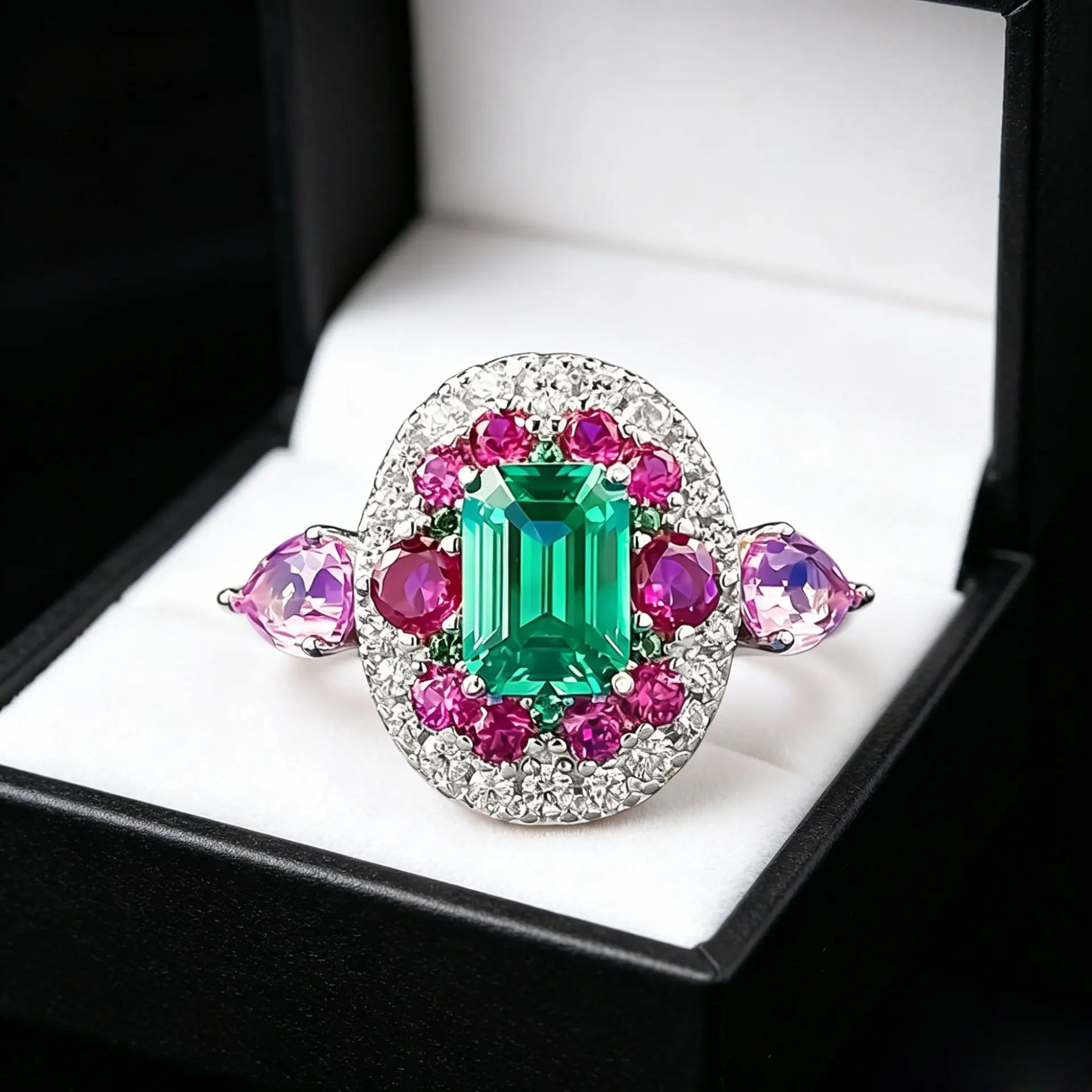 Luxury white gold solid platinum PT950 retro contrasting real emerald 5*7mm ring luxury banquet jewelry