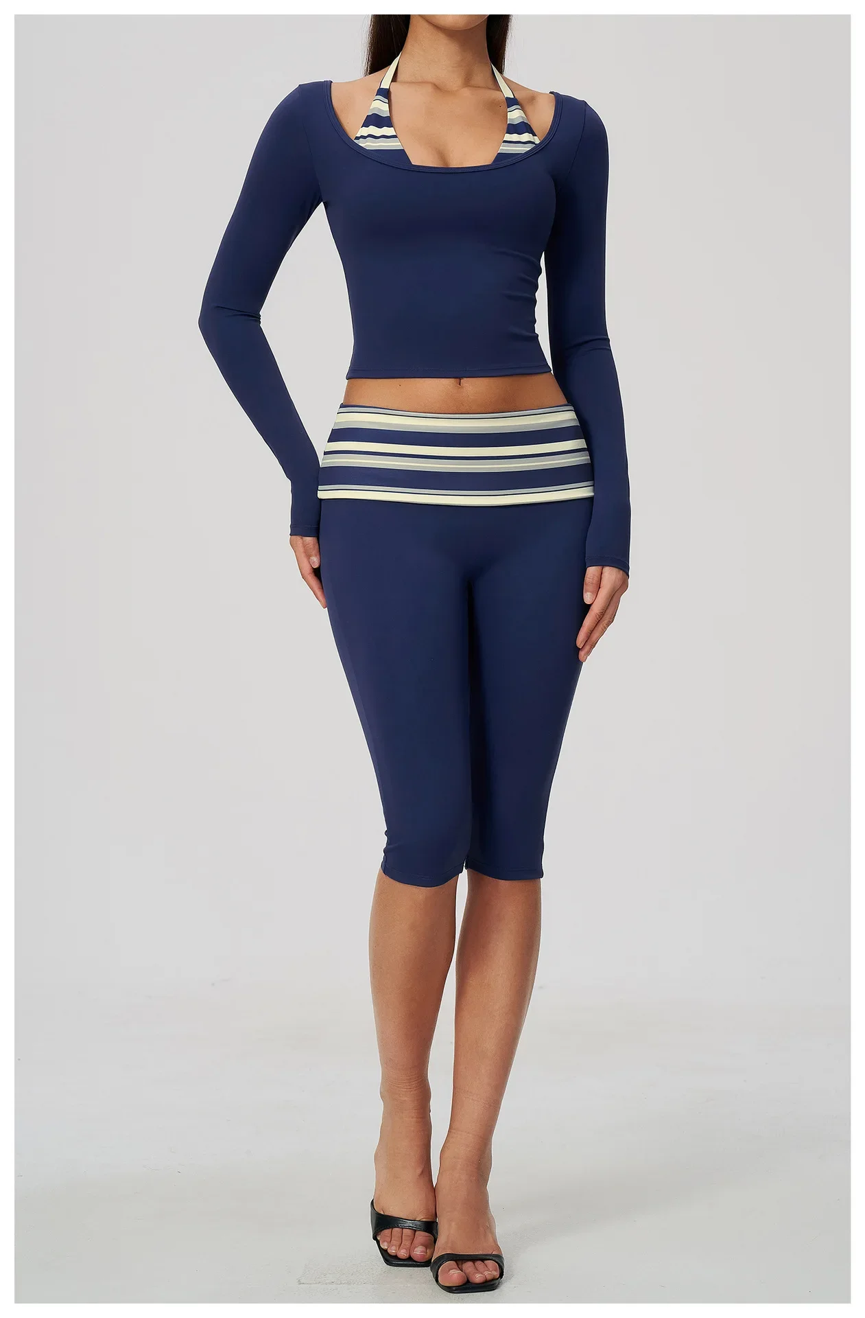 Yoga Langarm-Fitness-Top, Gym-Workout, Damen-Top mit Neckholder, Streifenmuster, kurzes, aktives Shirt, atmungsaktiv, für Sport und Training – Detail 7