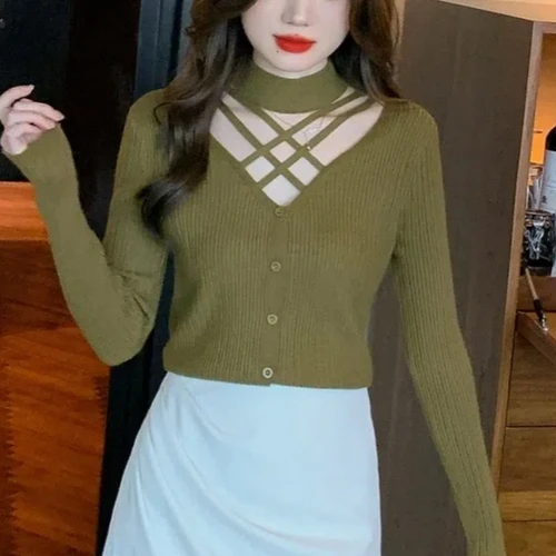 여성용 단색 모크넥 할로우 아웃 스웨터, 긴팔 니트 상의, 심플한 풀오버, 한국 시크 단추, 가을 겨울 신상