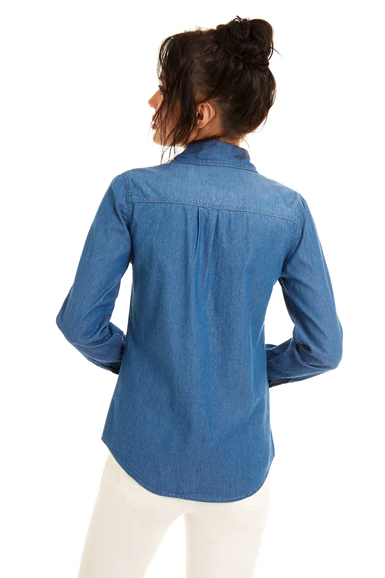 Light Blue Slim Thin Cotton Denim Shirts For Woman 2024 Spring Casual Ladies Tops Long Sleeve Jeans Blouses Clothing