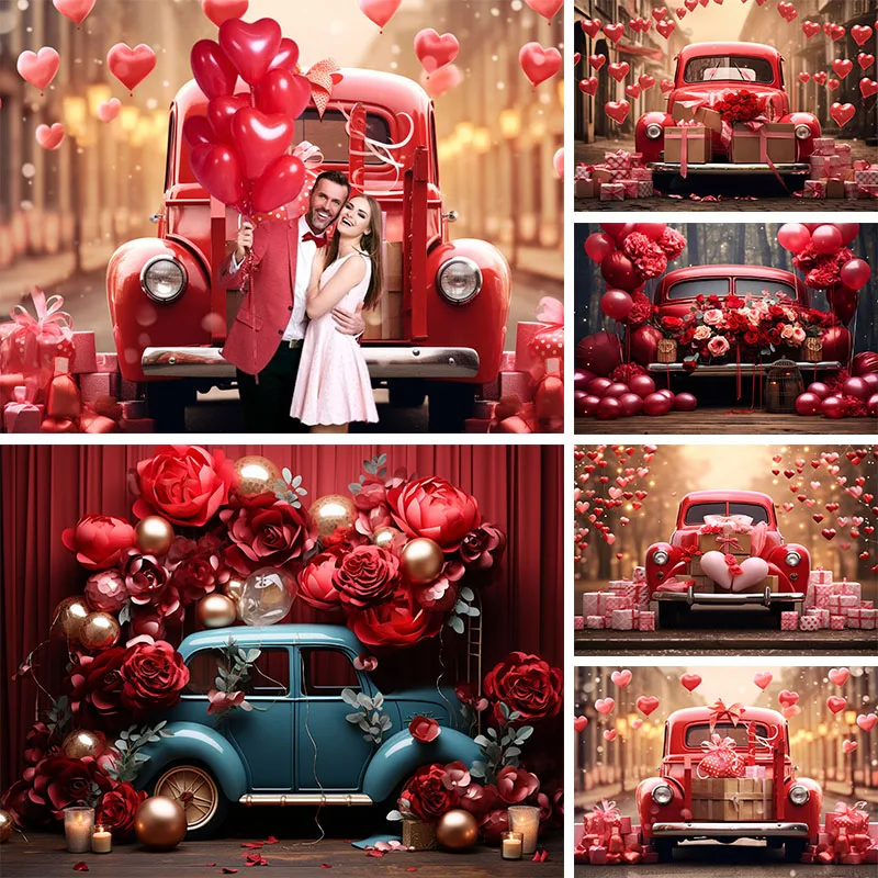 

Valentine's Day Photography Background Red Car Gift Box Balloon Love Heart Decoration Portrait Photo Backdrop Studio Props