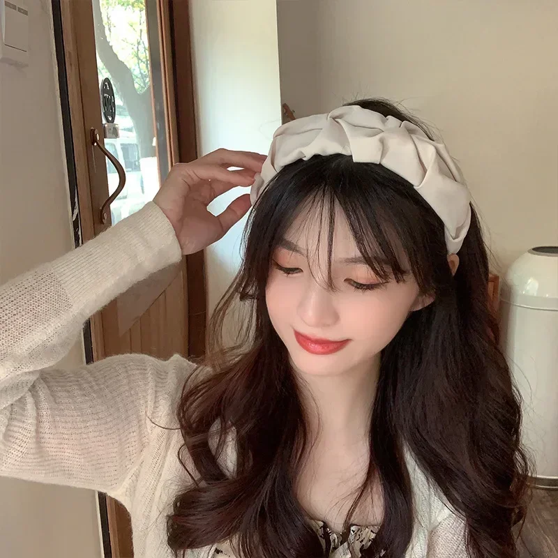 Korean Solid Color Cotton Crumpled Hairband Fashion Bow Wide Hair Hoop Ladies Temperament Wash Face Headbands Trend Headwear