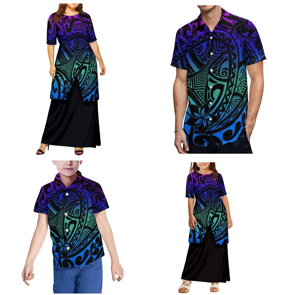 2025 novo conjunto familiar personalizado mãe e filha puletasi pai e filho casual bolso camisa polinésia terno vestido
