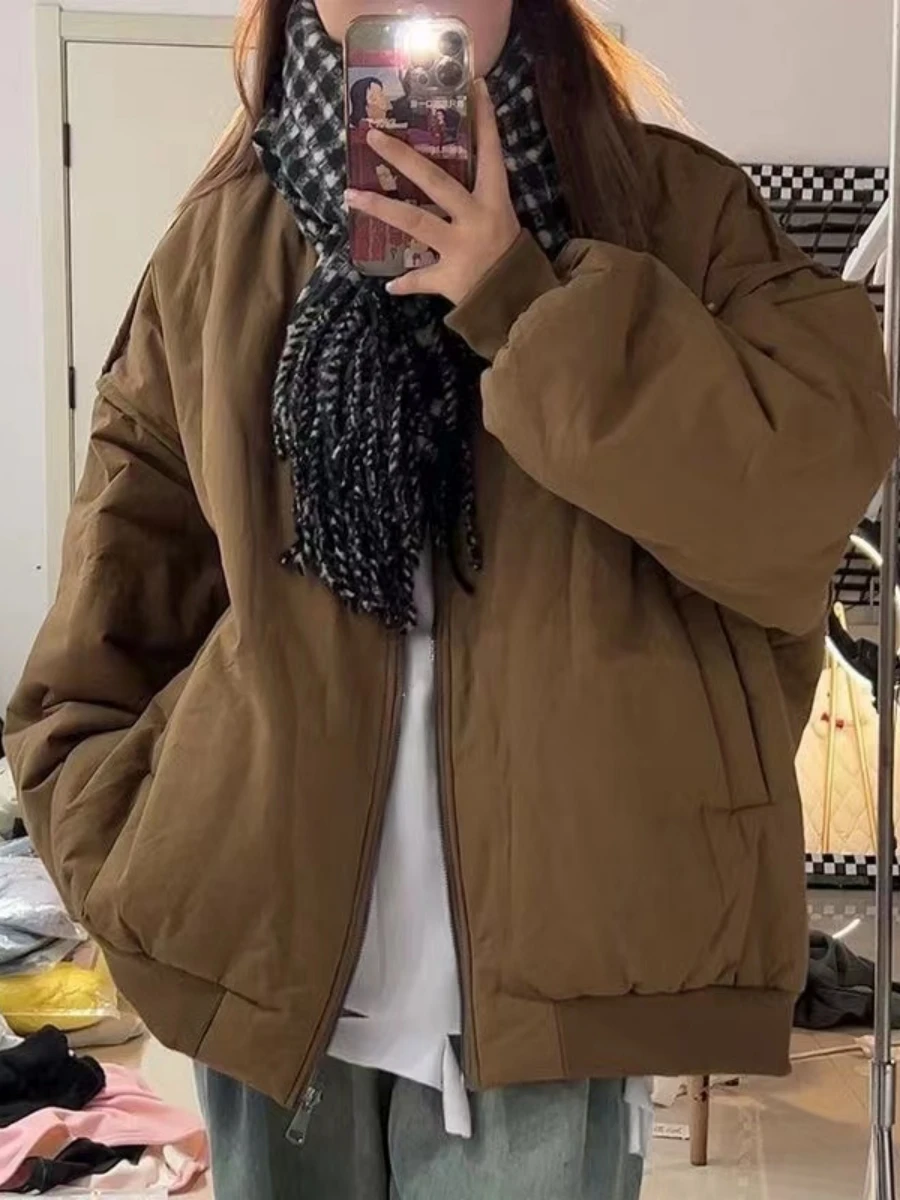 Retro Thickened Cotton Jacket for Women Winter New Style Oversize Stand Collar Flight Coat Zipper Closure Long Sleeve Pure Color