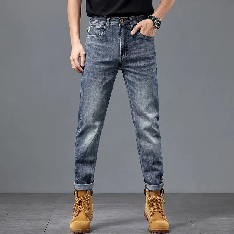 Men's Jeans Washing High-end Men's Jeans Small Straight Stretch Slim Retro Blue Casual Straight