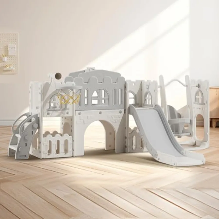 Diapositiva para niños 10 en 1 de 1 a 3 años con aro de baloncesto oscilante y telescopio, juego de tobogán para interiores y exteriores, patio de juegos para niños pequeños, color gris