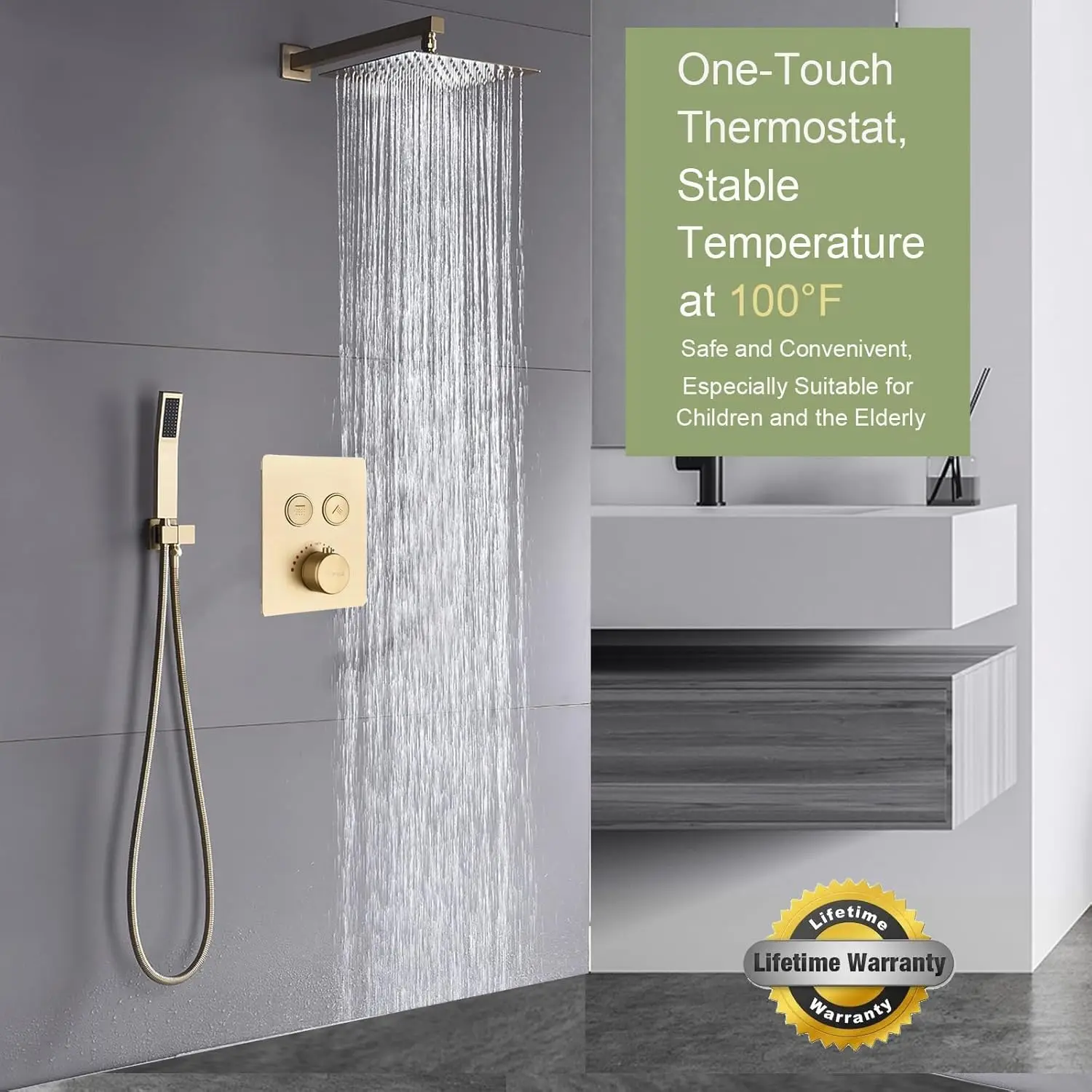 100℉ Thermostatic Shower System Brushed Gold, 10