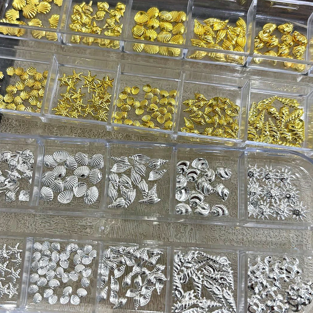 

12Girds/Box 3D Metal Nail Art Shell Conch Starfish Charms Parts Rivet Accessories For Nails Decoration Manicure Studs Material