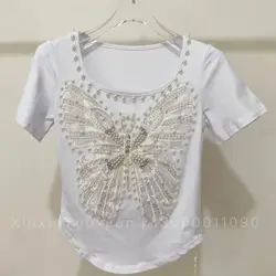 Luxury Heavy Butterfly Embroidery Short Sleeve Cotton Tshirt For Women Summer 2024 Slim Fit T-shirt White Tops Tees T shirt