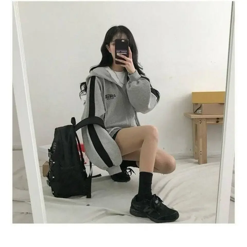 Kadınlar Casual boy kazak kadın Streetwear kapşonlu palto cep gevşek Zip Up Harajuku Hoodies ceket kadın fermuar bez