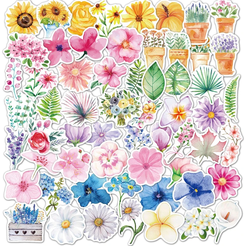 50/60pcs Flower Plant Element Sticker Vintage Watercolor Waterproof Graffiti Laptop Tablet Scrapbook Suitcase Decoration Sticker