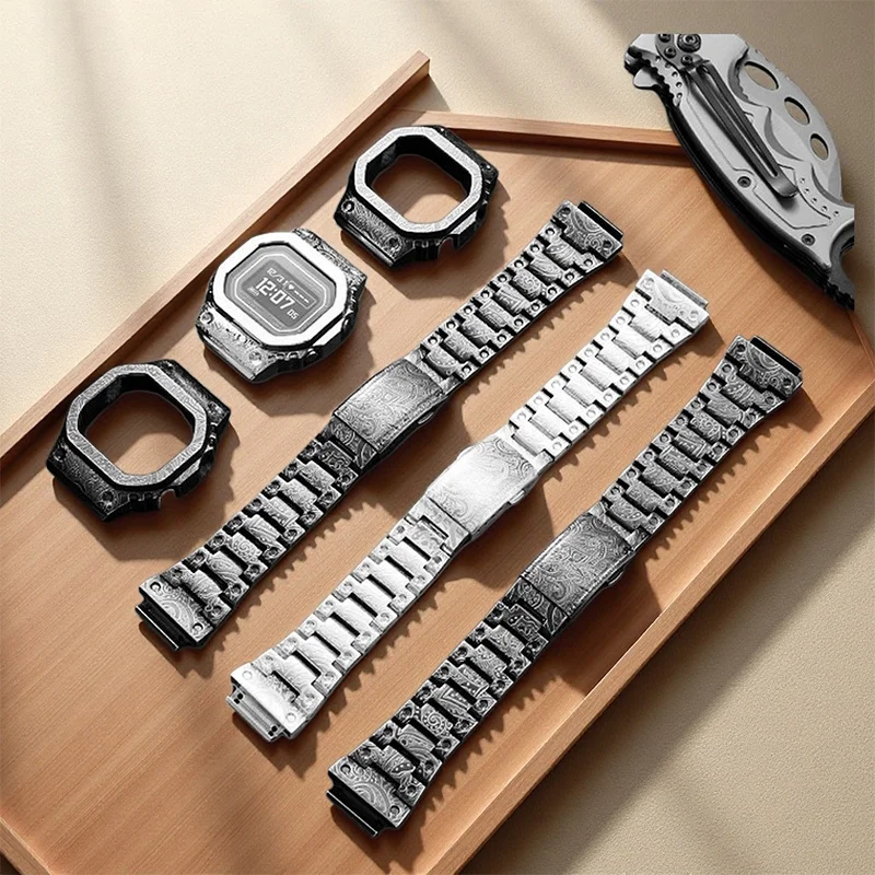 

Для часов Casio DW-H5600: ретро-корпус с гравировкой, металлический ремешок, черный/серебристый, из нержавеющей стали, мужской браслет для часов.