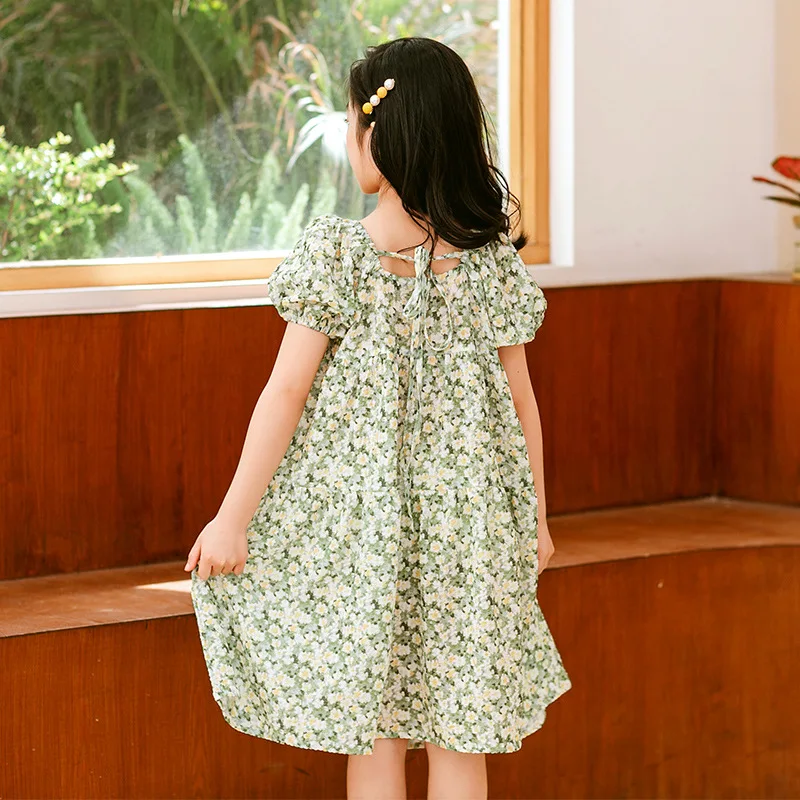 JUCPKID Korean Summer Children Girl Dress Junior Girl Floral Bubble Sleeve Dress Teenager Girl Pearl Line Collar One-piece Dress