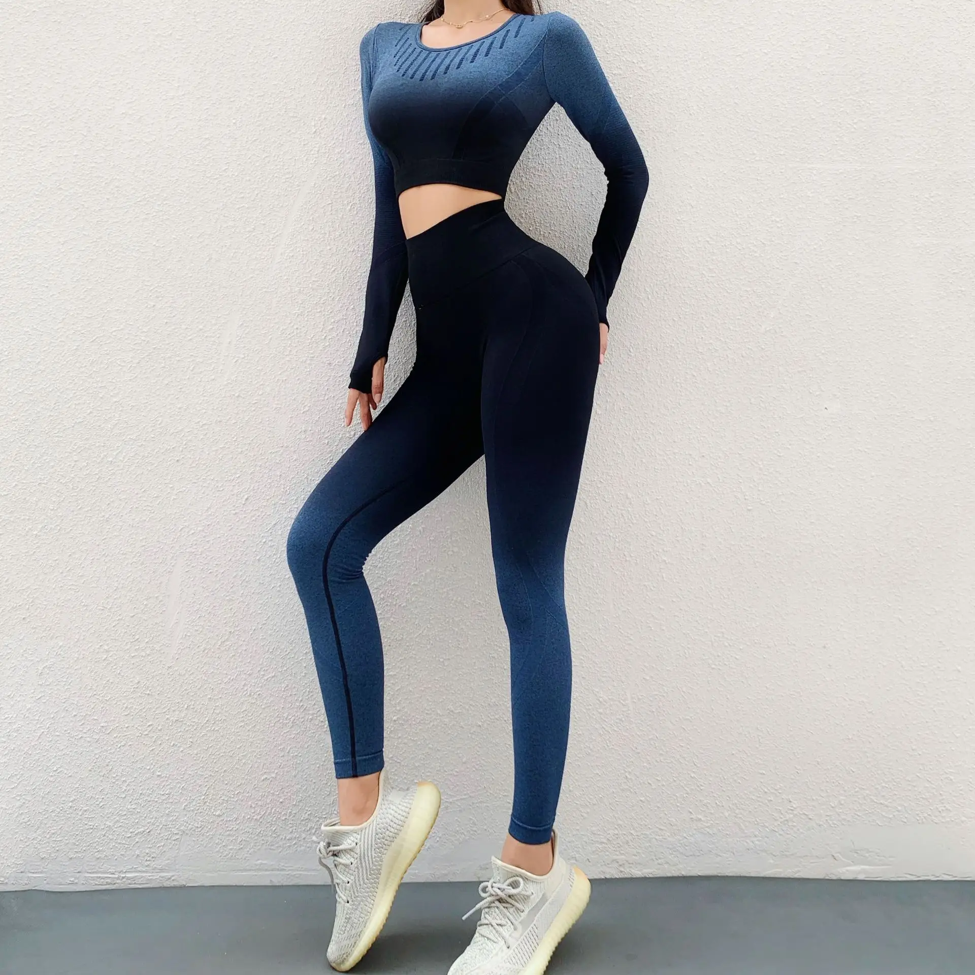 

Gradient Color Yoga Long Sleeve Top Set Women Gym Workout 2 Pieces Sportswear Tight Fit Hip Lift Running Fitness Exercise Suits