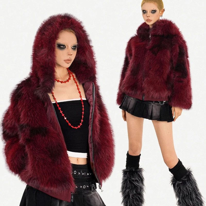 

Original Design Hot Girl High-End Fashion Red Hooded Furry Women's Coat 2025 Winter New Faux Fur Loose Warm Short Jackets Ladies