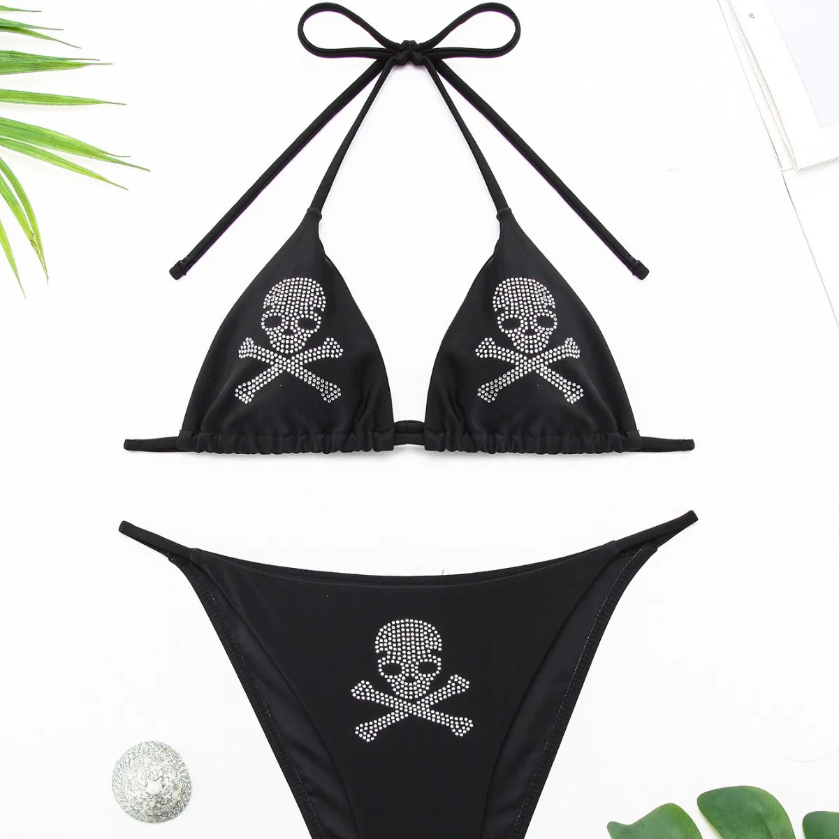Skull Rhinestone Bikini Women Punk Dark Style Halter Two Piece Swimwear Push Up Micro Bathing Suit Summer Beach Party Swimsuit