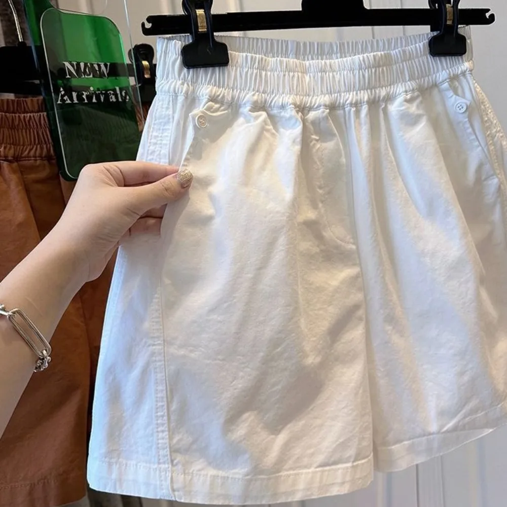 Fashion Loose Cotton Short Pants Elastic Waist with Pocket High Waist Shorts All Match Solid Color Wide Leg Shorts Women
