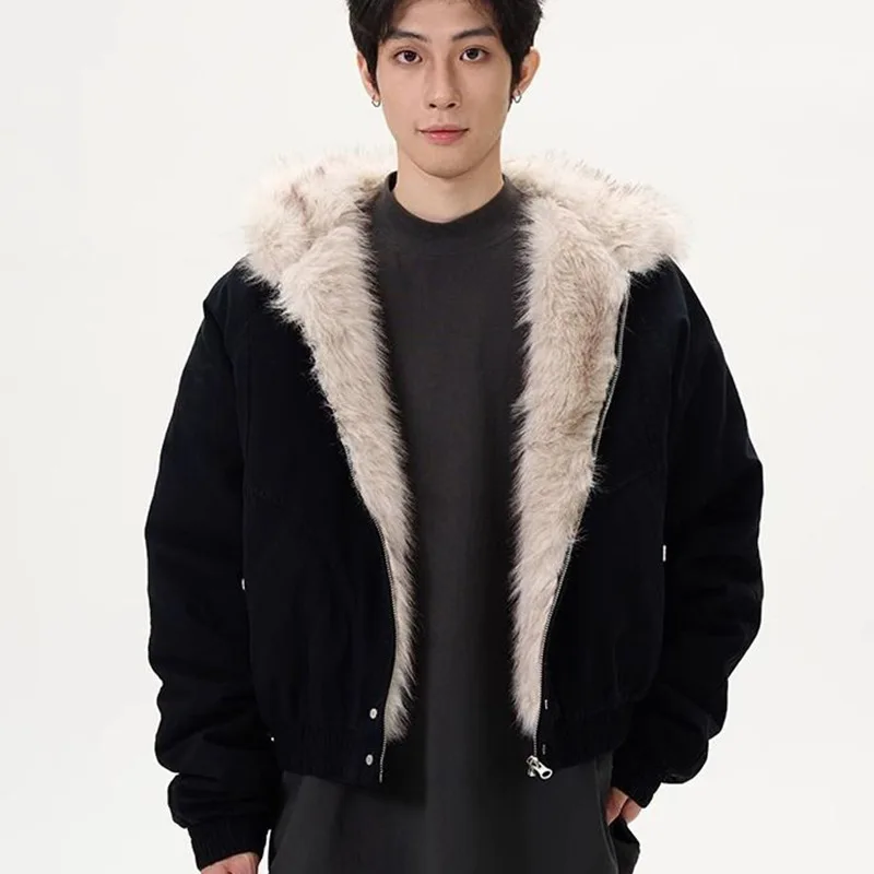 

OIMG Retro Fur Collar Hooded Jacket Men Y2K Streetwear Winter New Plush Thickened Warm Loose Casual Jacket