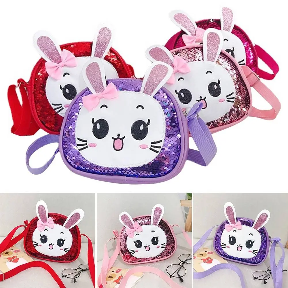 New Cartoon Cute Sequins Bunny Pu Leather Shoulder Bag Sweet Little Princess Shoulder Coin Purse Crossbody Bag