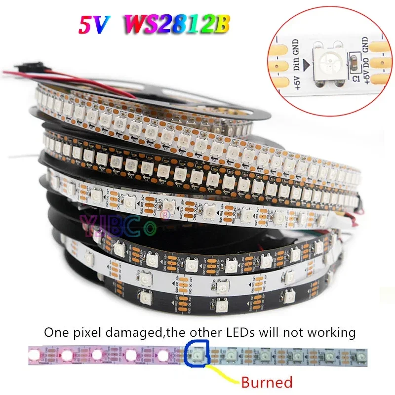 Imagem -06 - Smart Magic Rgb Led Strip Light Fita Endereçável Ws2812b Ws2815 Sk9822 ic 30 60 144 Pixels m Ws2812 Ip30 67 5v 12v 5050