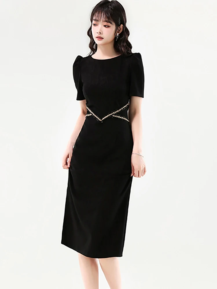 Summer Black Short Sleeve Bodycon Midi Dress Women Korean Vintage Hepburn Prom Clothes 2025 Elegant Patchwork Chic Casual Dress